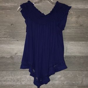 Navy fringe off the shoulder top